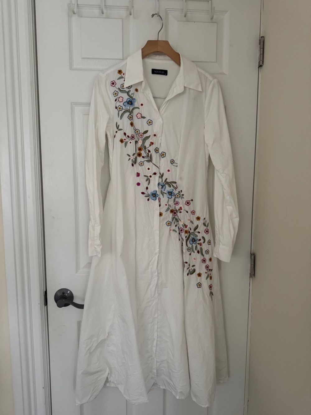 Beautiful Modest white Embroidered Shirt Dress with Floral Detail